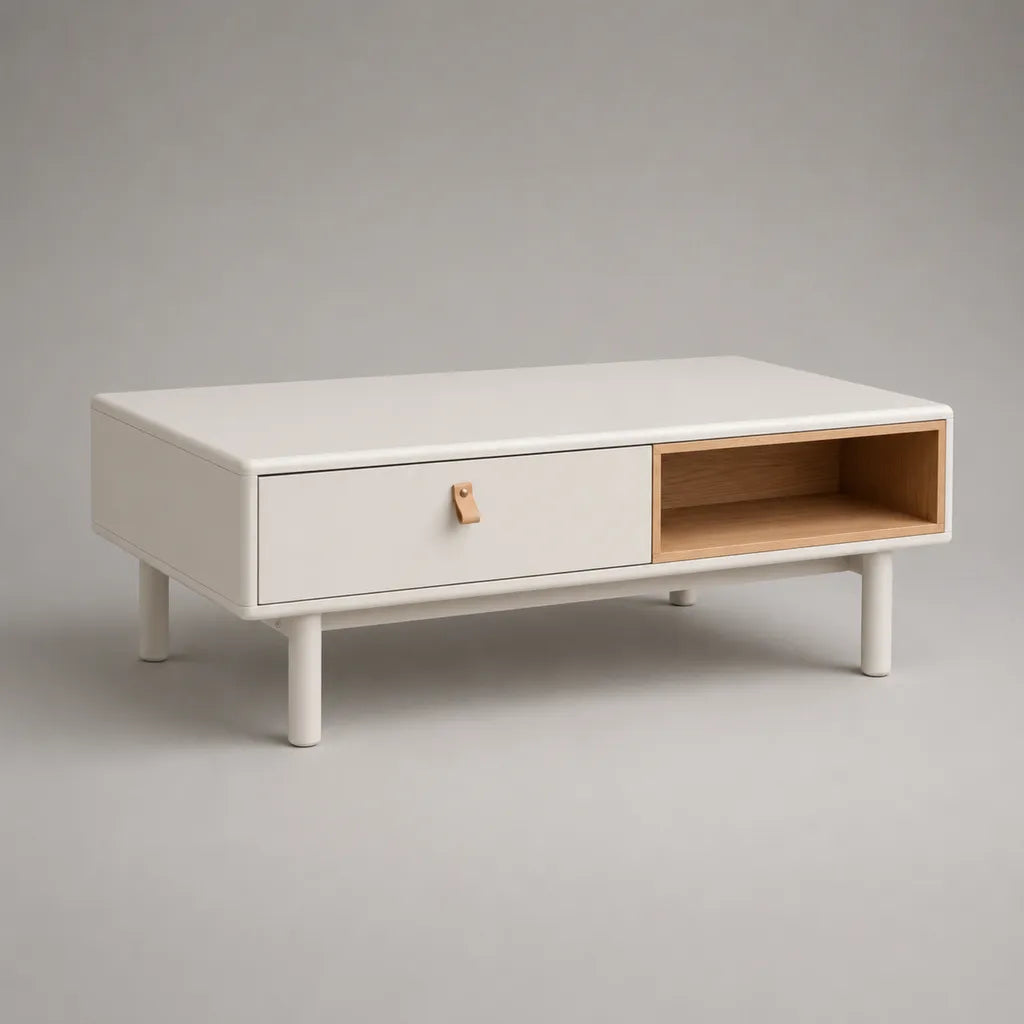 Rechteckiger Couchtisch aus MDF mit Schublade und Ablagefach, Weiß/Eiche, 100 × 55 × 45 cm