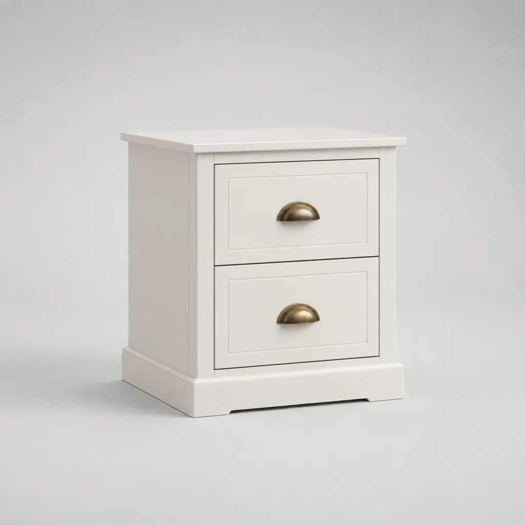 Nachttisch aus lackiertem MDF mit 2 Schubladen, Weiß und messingfarben, 45 × 40 × 55 cm
