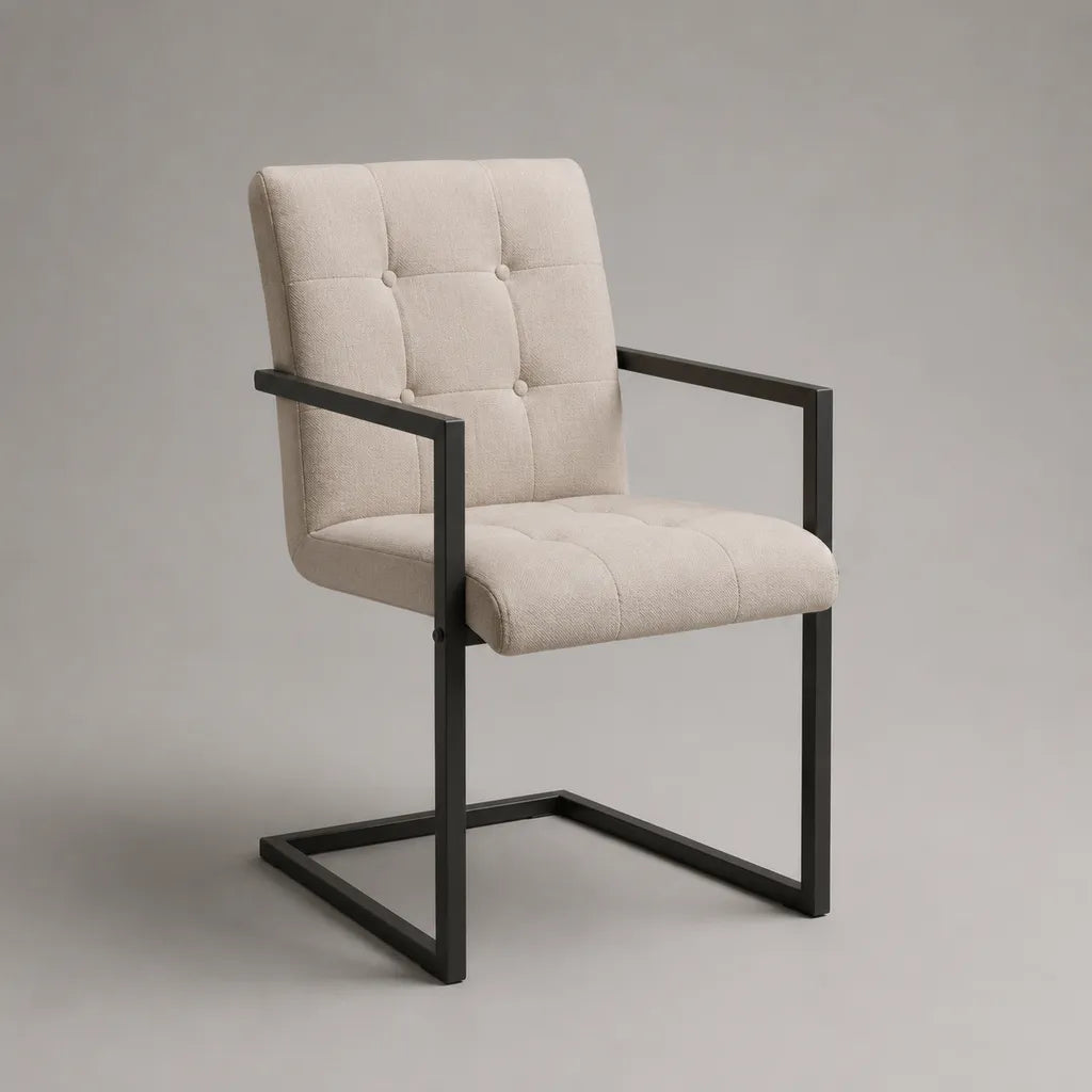 Esszimmerstuhl mit Armlehnen, Polyester-Bouclébezug, Stahlgestell, Beige/Schwarz, 58 × 62 × 88 cm