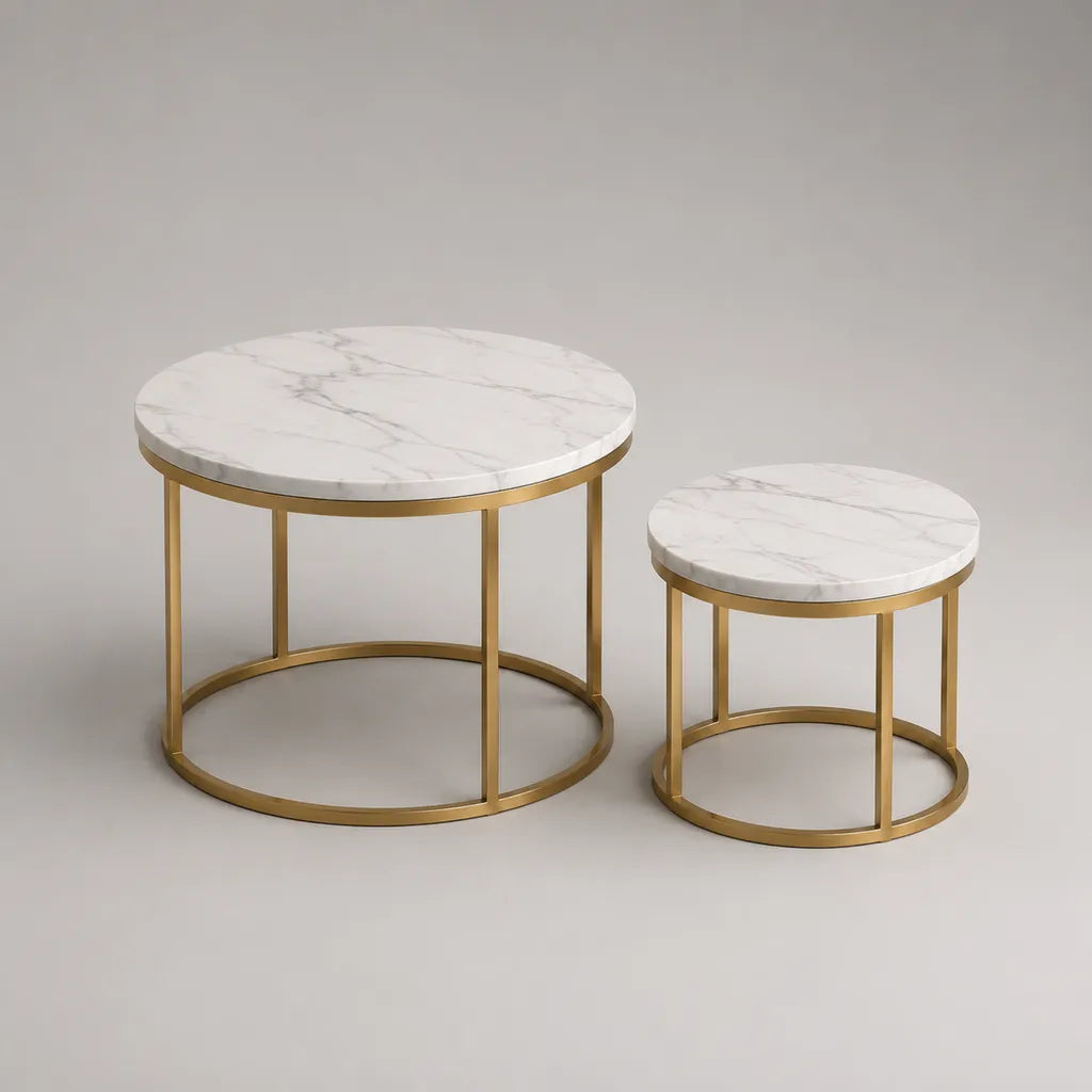 2-teiliges rundes Couchtisch-Set aus MDF und Stahl, Weiß-Grau in Marmoroptik und Gold, Ø 60 × H 45 cm und Ø 40 × H 35 cm