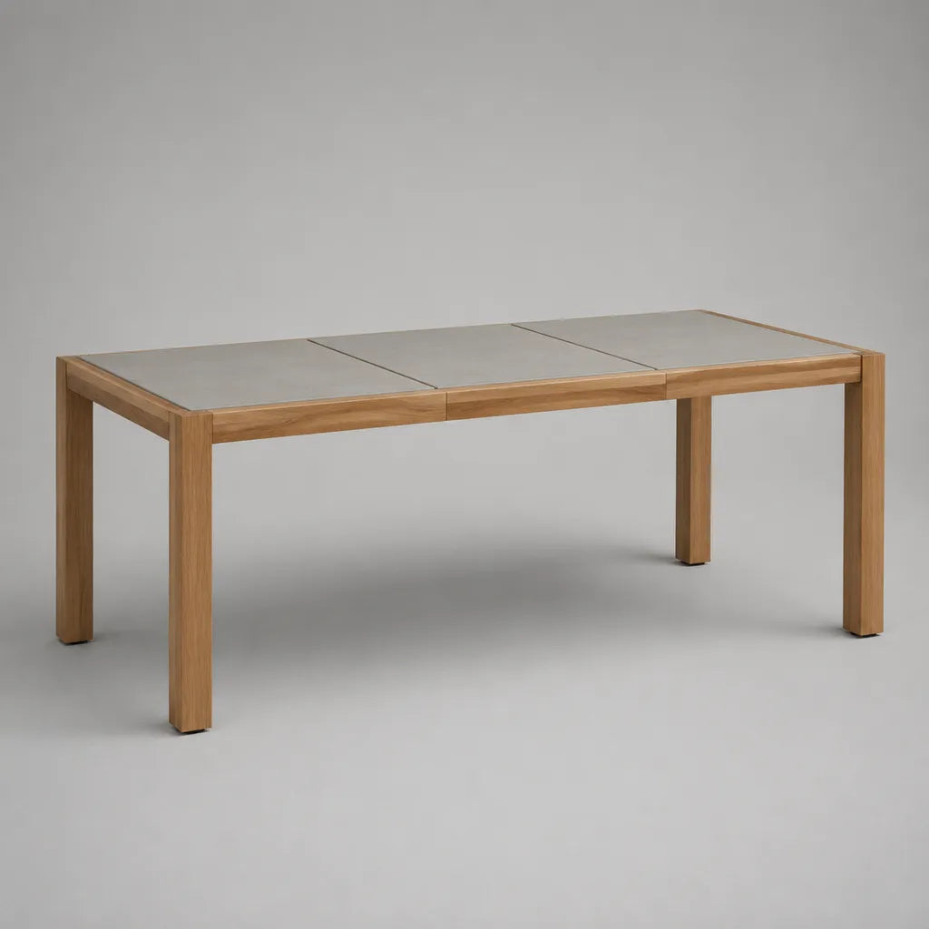 Ausziehbarer rechteckiger Gartentisch aus massivem Teakholz mit Keramikplatte, Natur/Grau, 180–240 × 100 × 75 cm