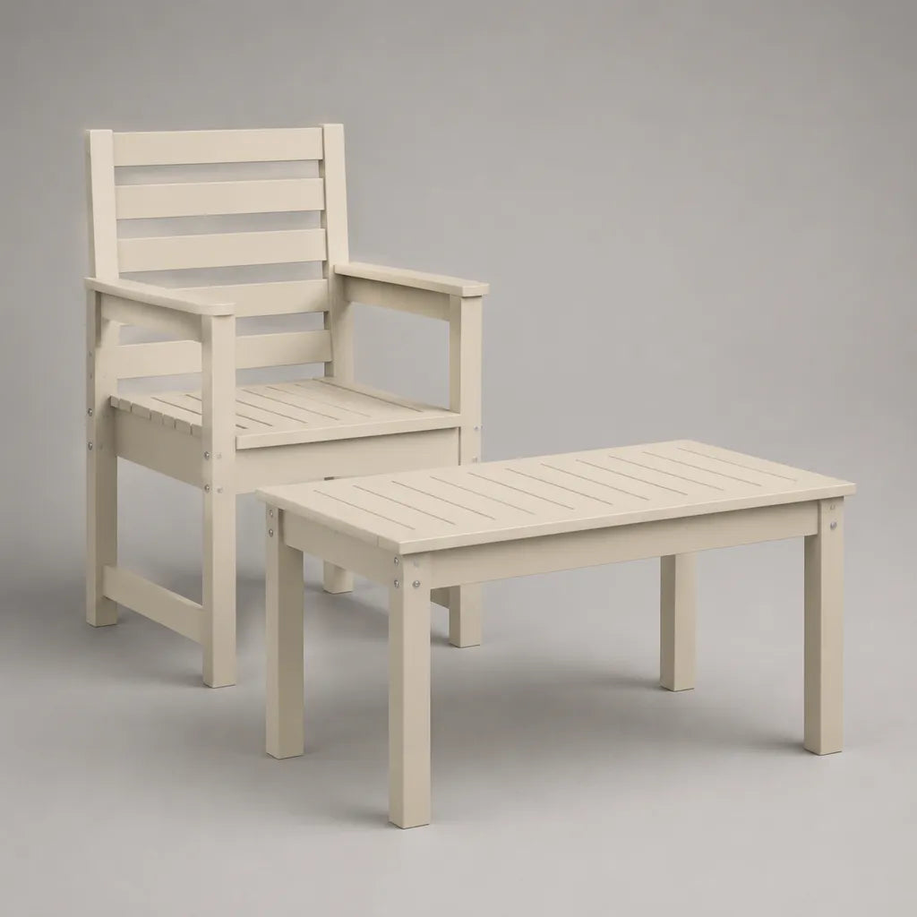 2-teiliges Gartentisch-Set aus massivem Holz, Weiß, Tisch 90 × 50 × 45 cm, Armlehnstuhl 62 × 67 × 94 cm