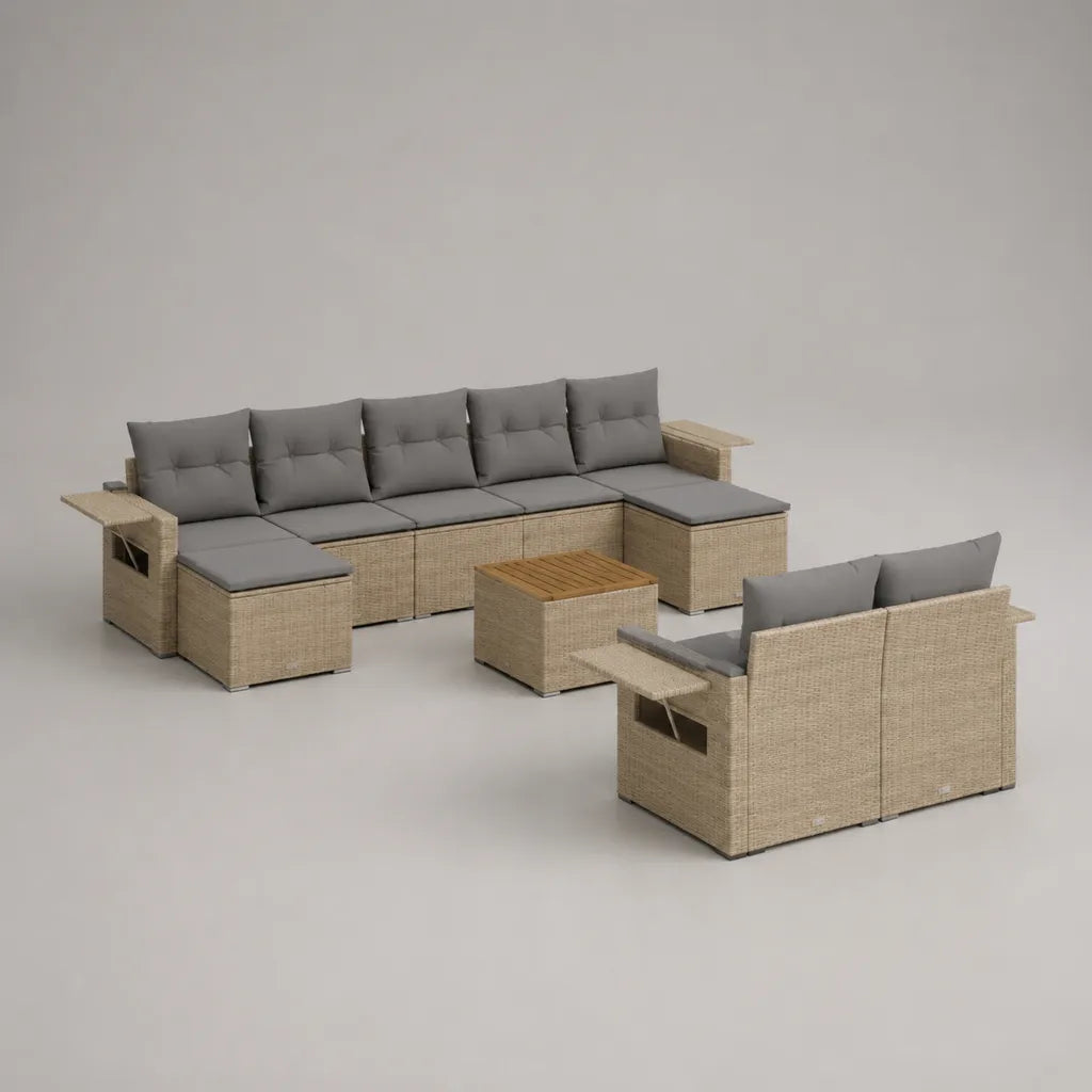 10-teiliges U-förmiges Gartensofa-Set mit Tisch aus PE-Rattan, Stahl und Akazienmassivholz, Beige/Grau, 330 x 134 x 74 cm