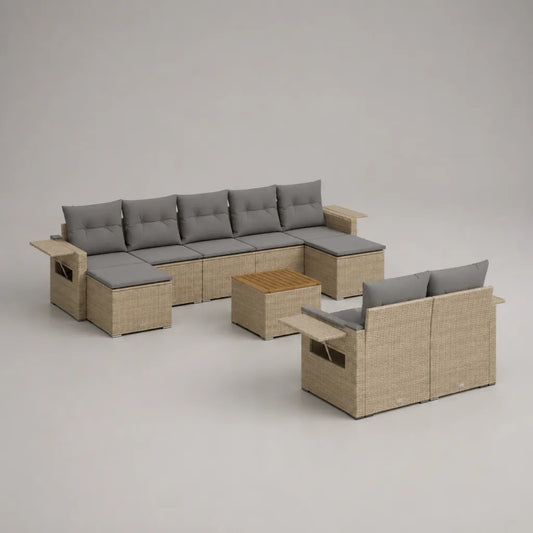 10-teiliges U-förmiges Gartensofa-Set mit Tisch aus PE-Rattan, Stahl und Akazienmassivholz, Beige/Grau, 330 x 134 x 74 cm