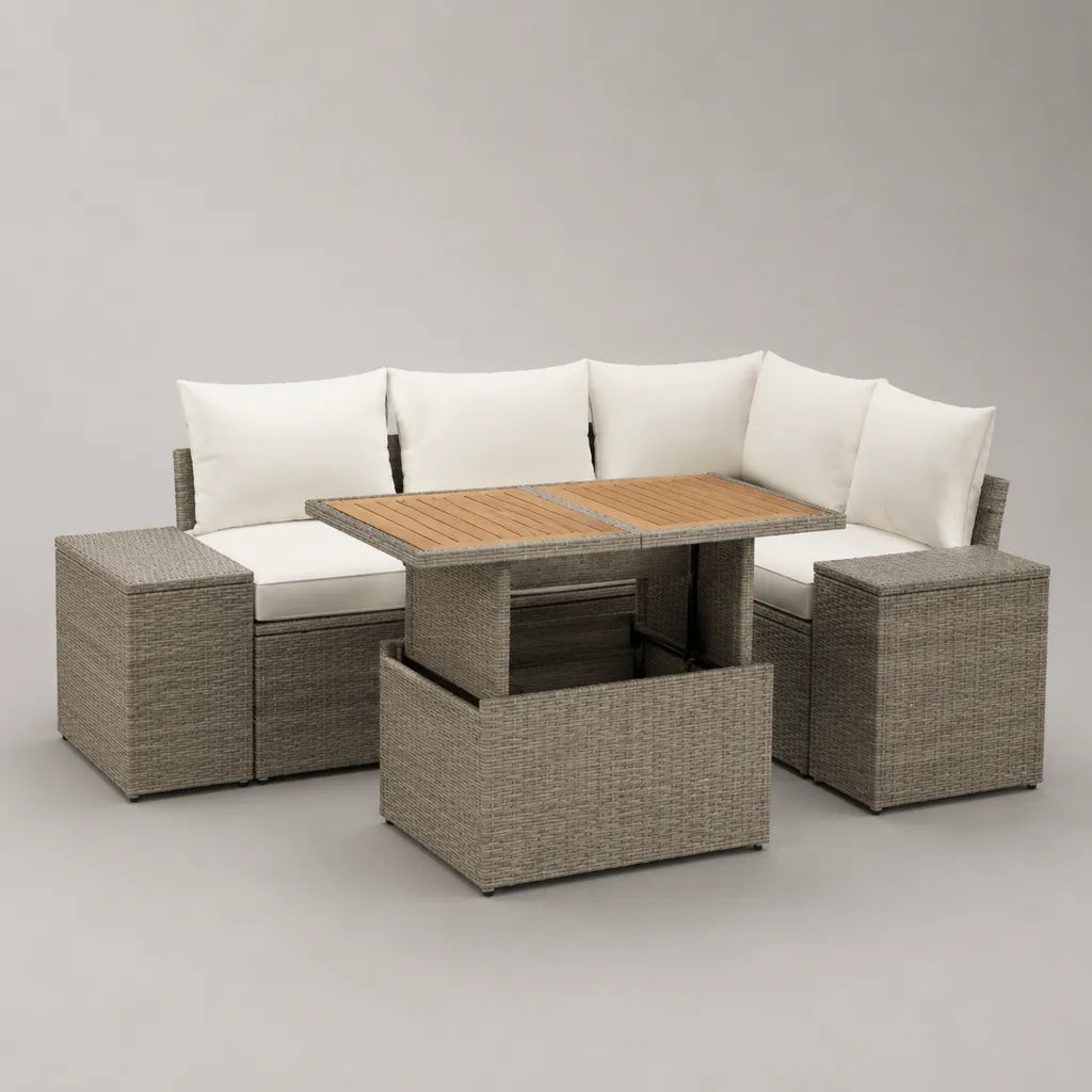 4-teiliges Gartenmöbel-Set aus PE-Rattan mit L-Ecksofa, 2 Hockern und höhenverstellbarem Holztisch, 230 × 230 × 75 cm, Grau, Creme und Holzbraun