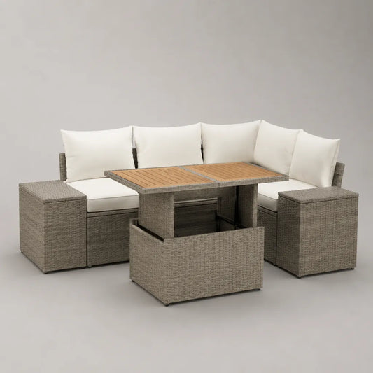 4-teiliges Gartenmöbel-Set aus PE-Rattan mit L-Ecksofa, 2 Hockern und höhenverstellbarem Holztisch, 230 × 230 × 75 cm, Grau, Creme und Holzbraun
