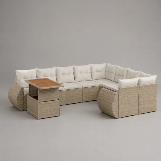 9-teiliges Gartensofa-Set aus PE-Polyrattan mit Esstisch, U-Form, Beige, 272 × 204 × 73 cm