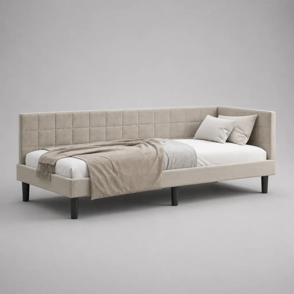 Polsterbett Tagesbett aus Holz und Polyester-Samtstoff, Beige, Liegefläche 90 x 200 cm, Gesamtmaß 215 x 103 x 86 cm