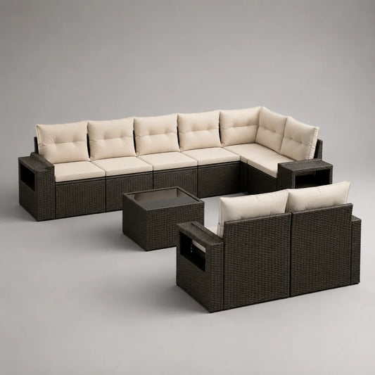 Gartensofa-Lounge-Set 9-teilig, 8-Sitzer aus PE-Rattan mit Stahlrahmen, Tisch und Polsterauflagen, Braun/Beige, L-Form 330 × 148 × 64 cm