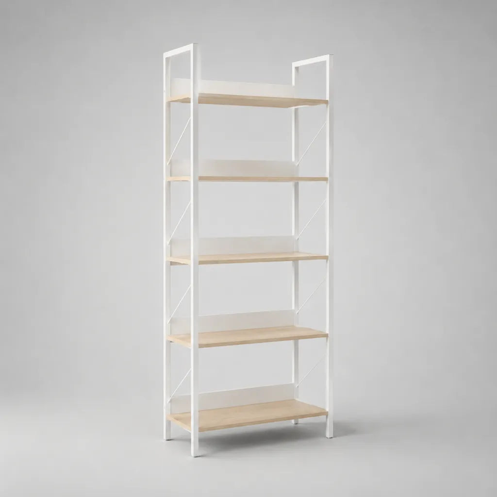 Bücherregal Standregal mit 5 Ablagen aus Stahl und MDF, Weiß/Natur, 180 × 80 × 30 cm