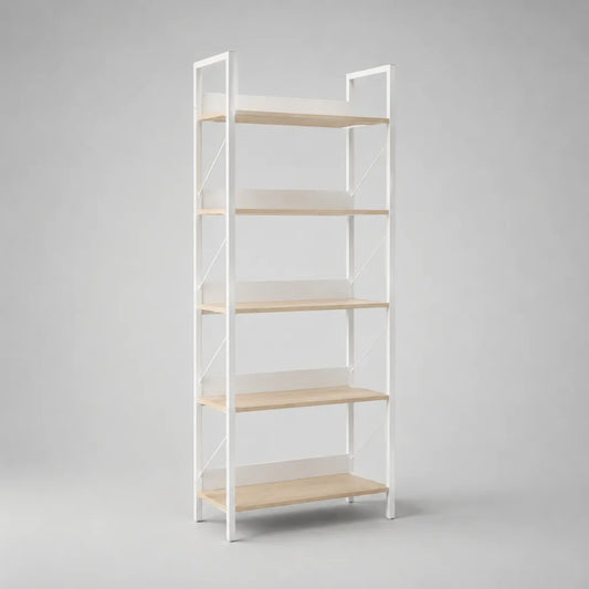 Bücherregal Standregal mit 5 Ablagen aus Stahl und MDF, Weiß/Natur, 180 × 80 × 30 cm