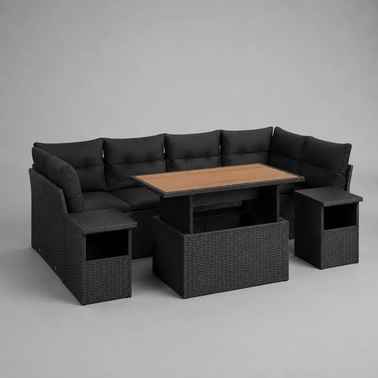 6-teiliges Gartensofa-Set in U-Form mit Esstisch und 2 Hockern, PE-Polyrattan, Stahl und WPC, Schwarz/Braun, 245 × 180 × 85 cm