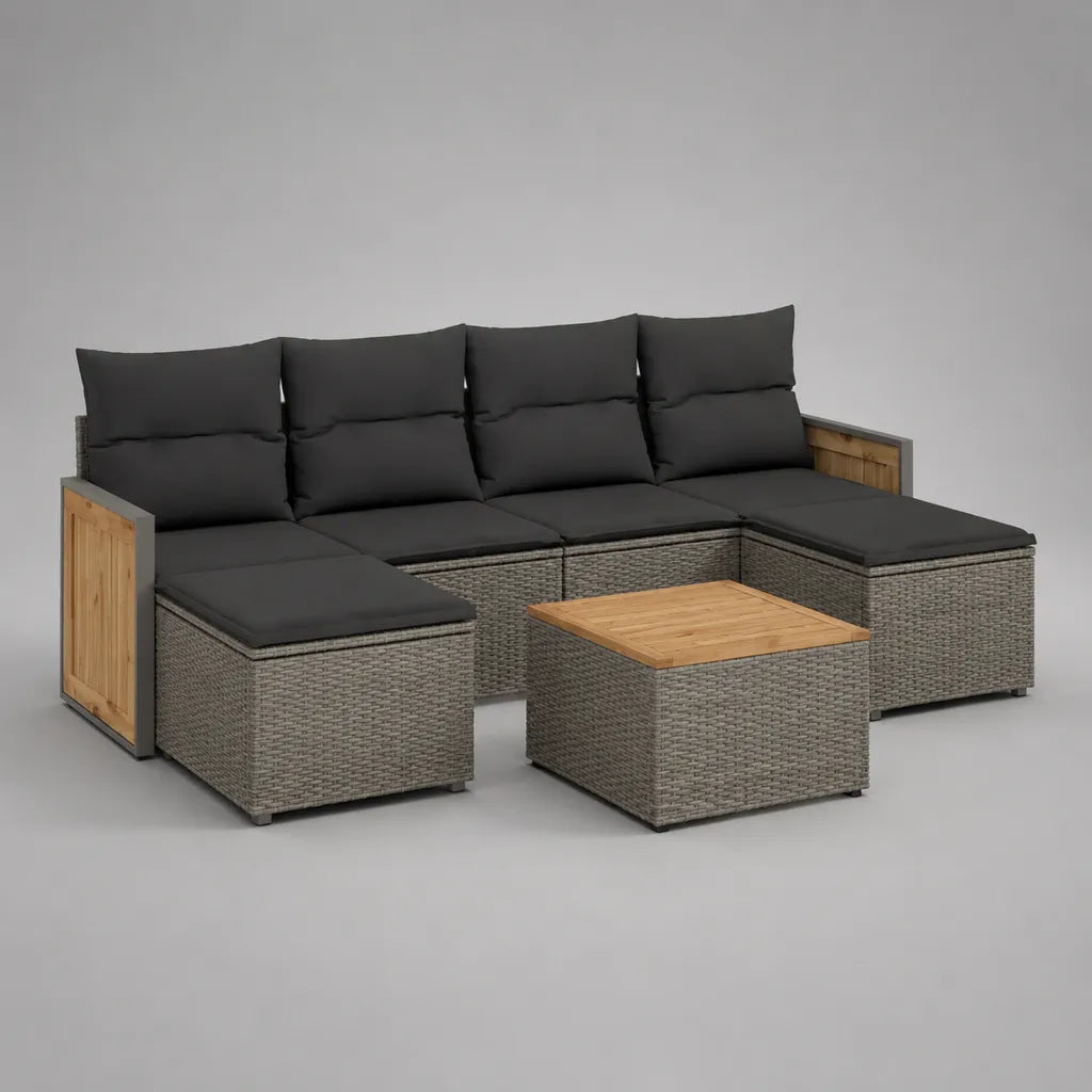 7-teiliges Garten-Loungemöbel-Set aus PE-Rattan und Akazienholz, U-Form, Grau und Anthrazit, 248 × 148 × 78 cm, Tisch 70 × 70 × 38 cm