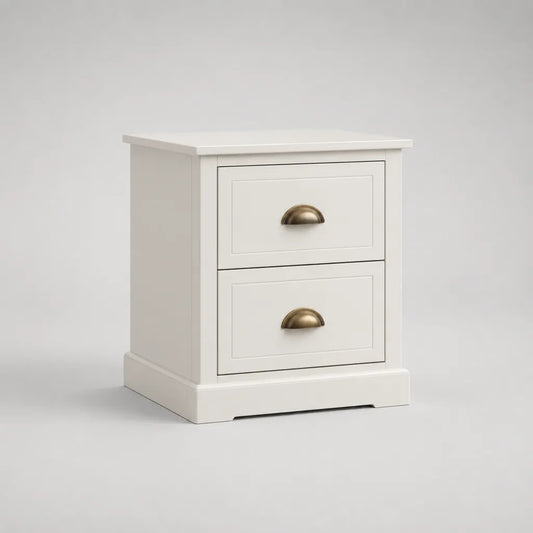 Nachttisch aus lackiertem MDF mit 2 Schubladen, Weiß und messingfarben, 45 × 40 × 55 cm