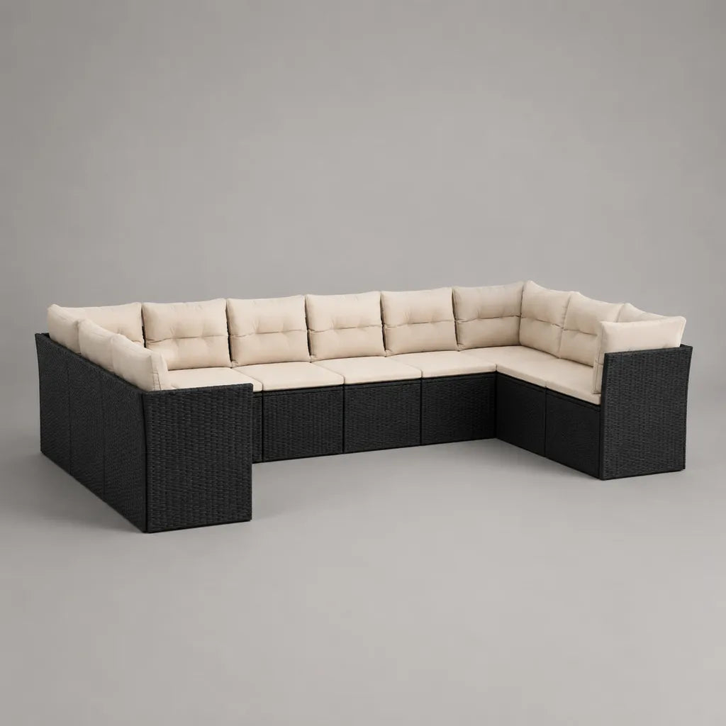6-teiliges U-förmiges Gartensofa aus PE-Rattan mit Stahlrahmen, Schwarz/Beige, 285 × 220 × 72 cm