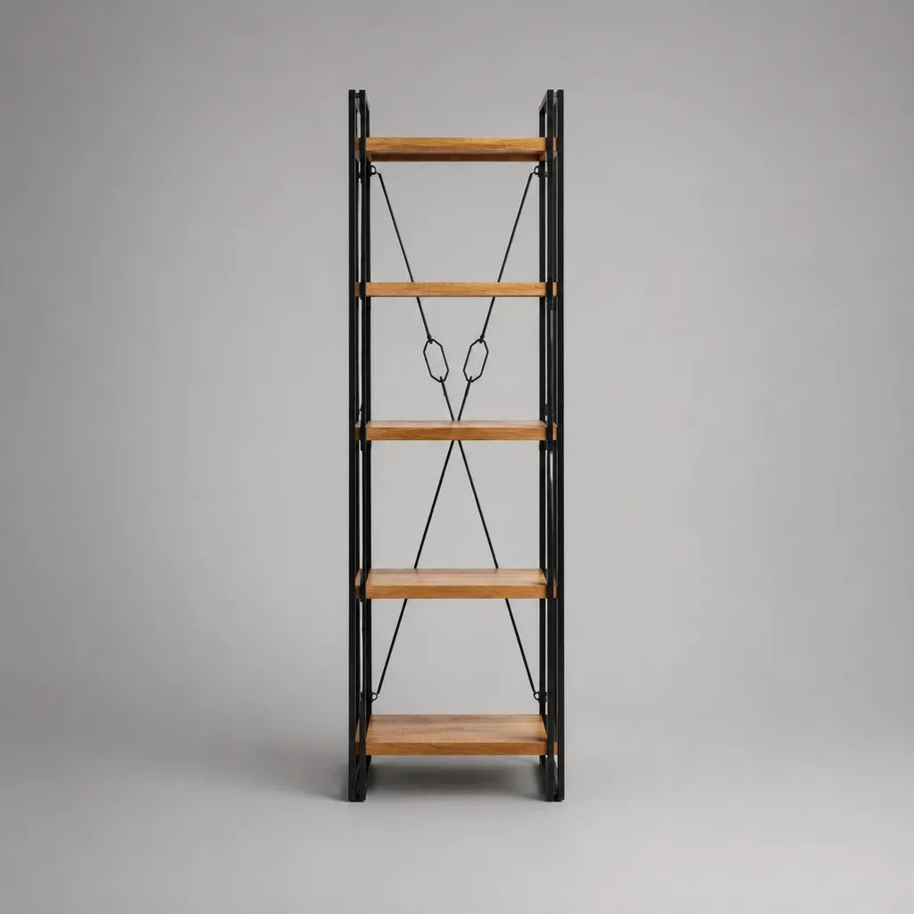 Bücherregal mit 5 Ablagen aus Massivholz und Stahl, Naturbraun/Schwarz, 180 × 60 × 35 cm