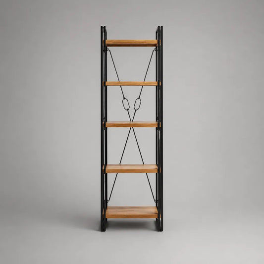 Bücherregal mit 5 Ablagen aus Massivholz und Stahl, Naturbraun/Schwarz, 180 × 60 × 35 cm