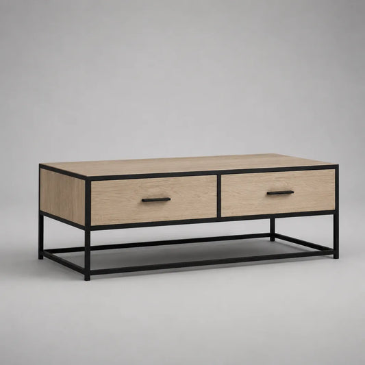 Rechteckiger Couchtisch mit 2 Schubladen und Ablage aus MDF mit Eichenfurnier und Stahl, Natur/Schwarz, 110 × 55 × 45 cm