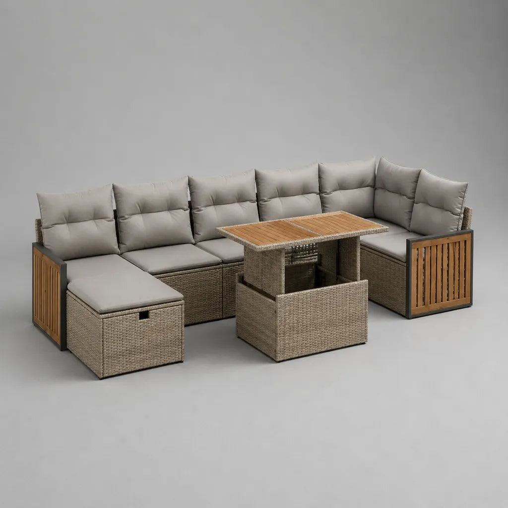 U-förmige Garten-Sitzgruppe aus PE-Rattan und Akazienholz, Taupe/Graubraun, 228 × 172 × 82 cm, mit Esstisch, 2 Hockern und Polstern