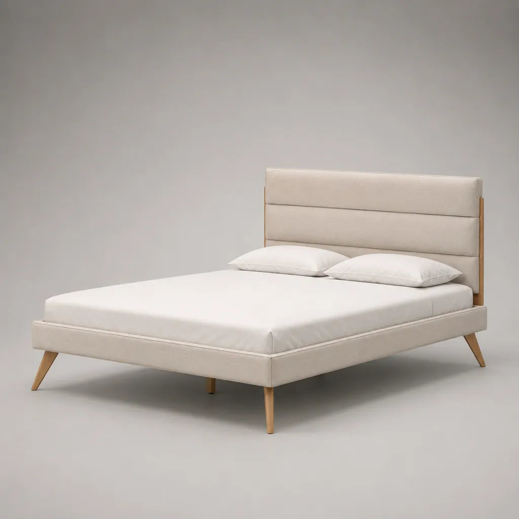 Polsterbett Doppelbett mit gepolstertem Kopfteil, Polyesterbezug und Kiefernmassivholz, Beige/Natur, 160 x 200 cm