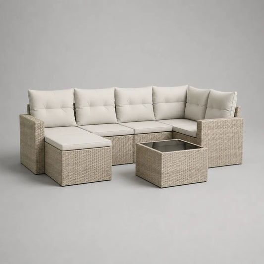 Gartensofa-Set 8-teilig aus PE-Rattan mit Glastisch und Polstern, L-Form, Beige/Creme, 280 x 190 x 74 cm