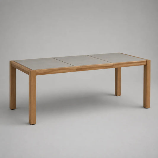 Ausziehbarer rechteckiger Gartentisch aus massivem Teakholz mit Keramikplatte, Natur/Grau, 180–240 × 100 × 75 cm